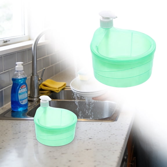 2-in-1 Dish Soap Dispenser with Sponge Holder, Countertop Washing Soap Sink Caddy, Press-Type PET Plastic Bottle Large Capacity, Non-Drip Spout, Kitchen Organizer, Green