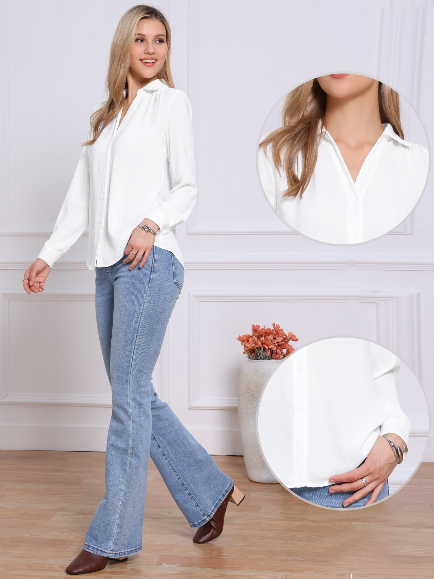 DARING DIVA Women's Button Down Long Sleeve V Neck Trendy Blouse S White