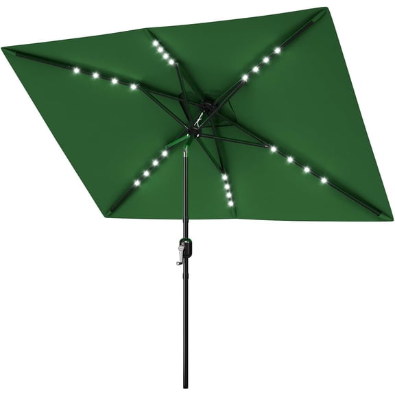10' x 6.5' Solar Rectangular Patio Umbrella with Lights, Outdoor Table Umbrella with Crank and Push Button Tilt, Market Umbrella with 6 Sturdy Ribs Tilt for Garden, Deck, Lawn, Pool