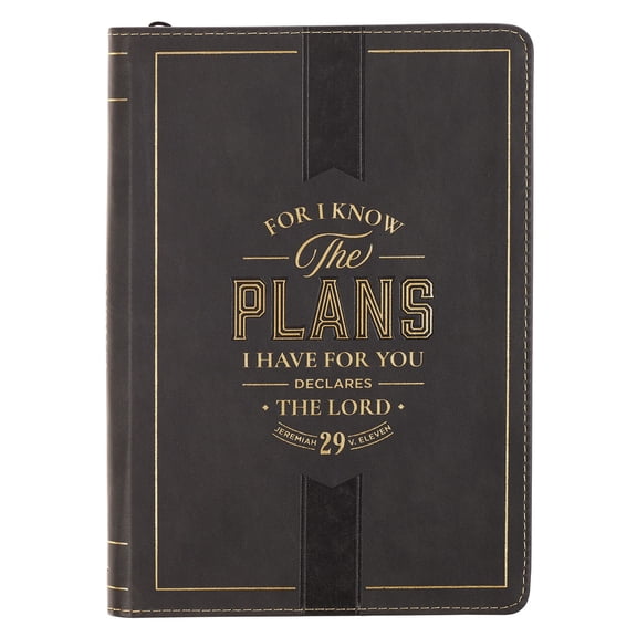 Christian Art Gifts Inspirational Zippered Journal, I Know the Plans Wide Ruled Notebook, Jer. 29:11 Bible Verse, Black Vegan Leather, 336 Lined Pages w/scripture, (9” x 6.4” x .9”)