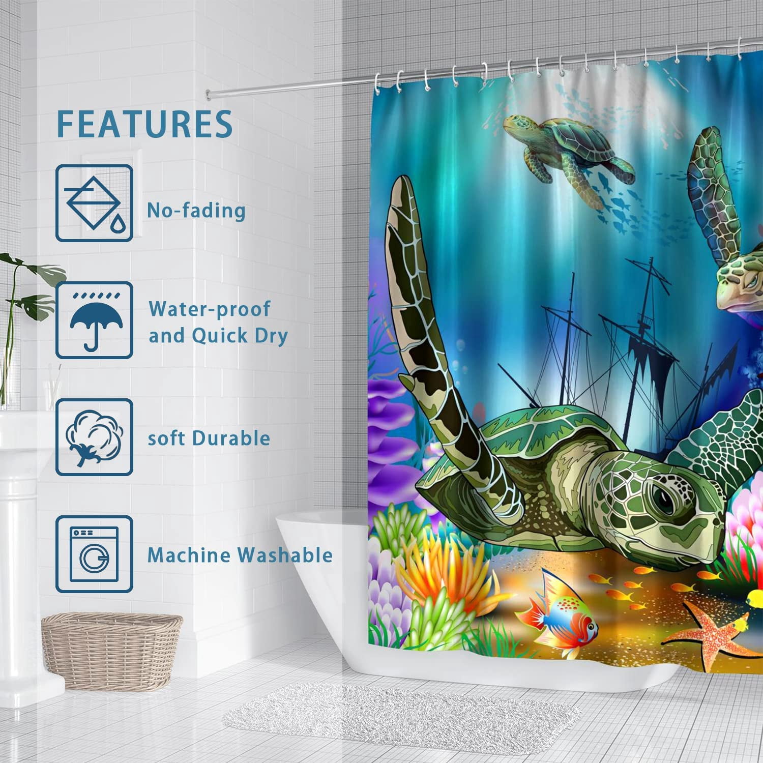 Green Sea Turtles Shower Curtain Sets Bathroom Blue Ocean Beach Home Bathtub Decor with 12 Hooks Washable Durable Polyester Fabric 72"x72"