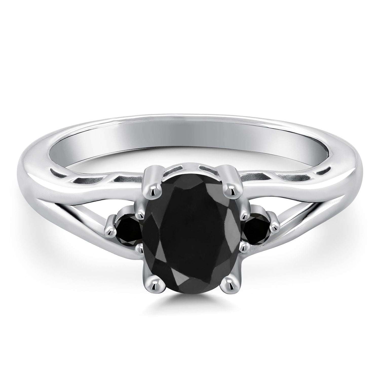 Gem Stone King 925 Sterling Silver Black Sapphire and Black Diamond 3 Stone Engagement Ring for Women | 1.73 Cttw | Oval 8X6MM | Round 2MM | Gemstone September Birthstone | Size 9