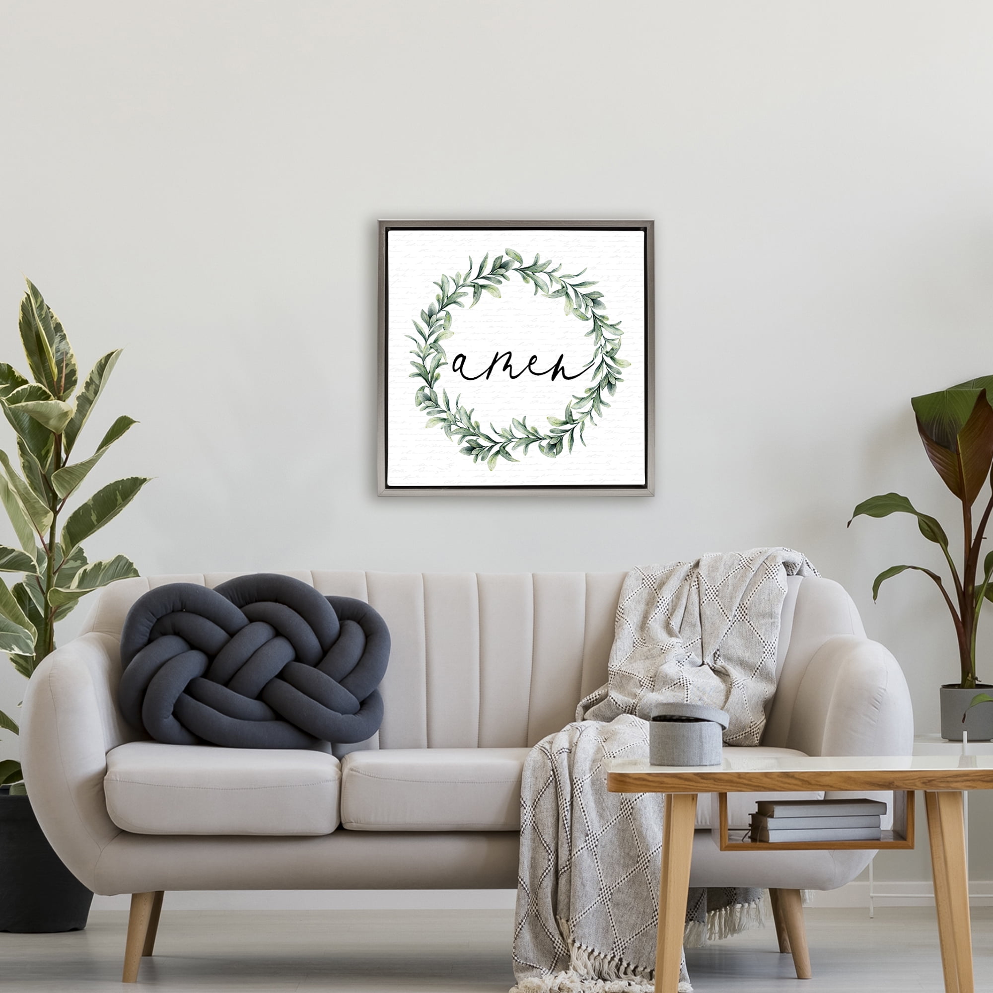 Amen Botanical Wreath & Script Gray Framed Floater Canvas Wall Art, design by Lettered and Lined