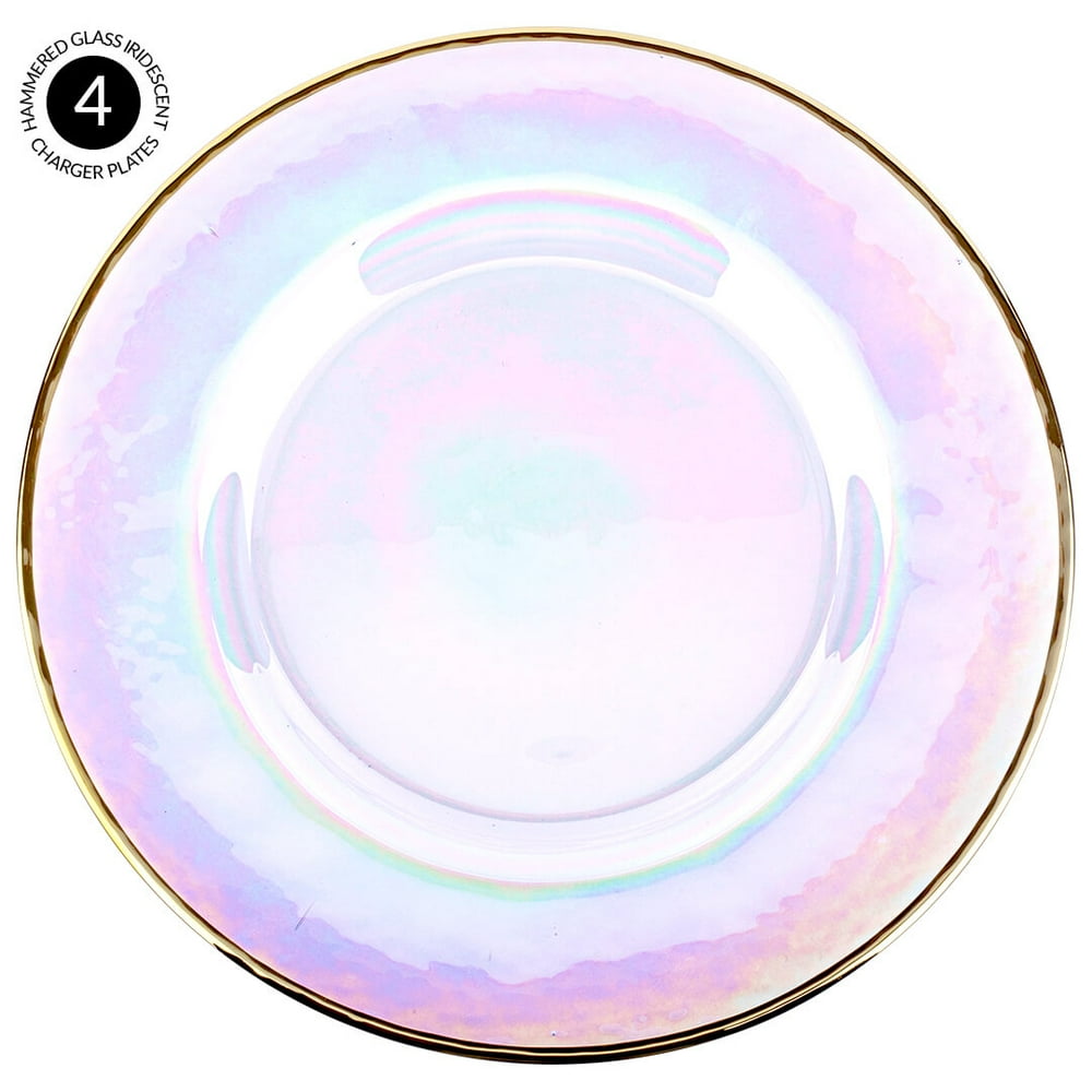Koyal Wholesale Bulk Iridescent Glass Gold Rim Charger Plates, Set of 4
