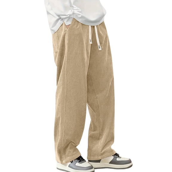 Hsovts Mens Drawstring Elastic Waist Corduroy Pants, Solid Relaxed Wide‑Leg Loose Casual Trousers Street‑Style Daily Wear for Male Beige 2xL