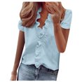 thumbnail image 1 of wendunide Chemises pour Femmes T-Shirt d'Été à Volants Col en V Manches Courtes Imprimé Uni Décontracté Chic Bleu G, 1 of 8