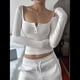 thumbnail image 4 of Camisetas Henley de Larga para Mujer, de Verano y Otoño, con Botones, de Punto Acanalado, Corte Entallado, Blusas Básicas Informales. XL, 4 of 9