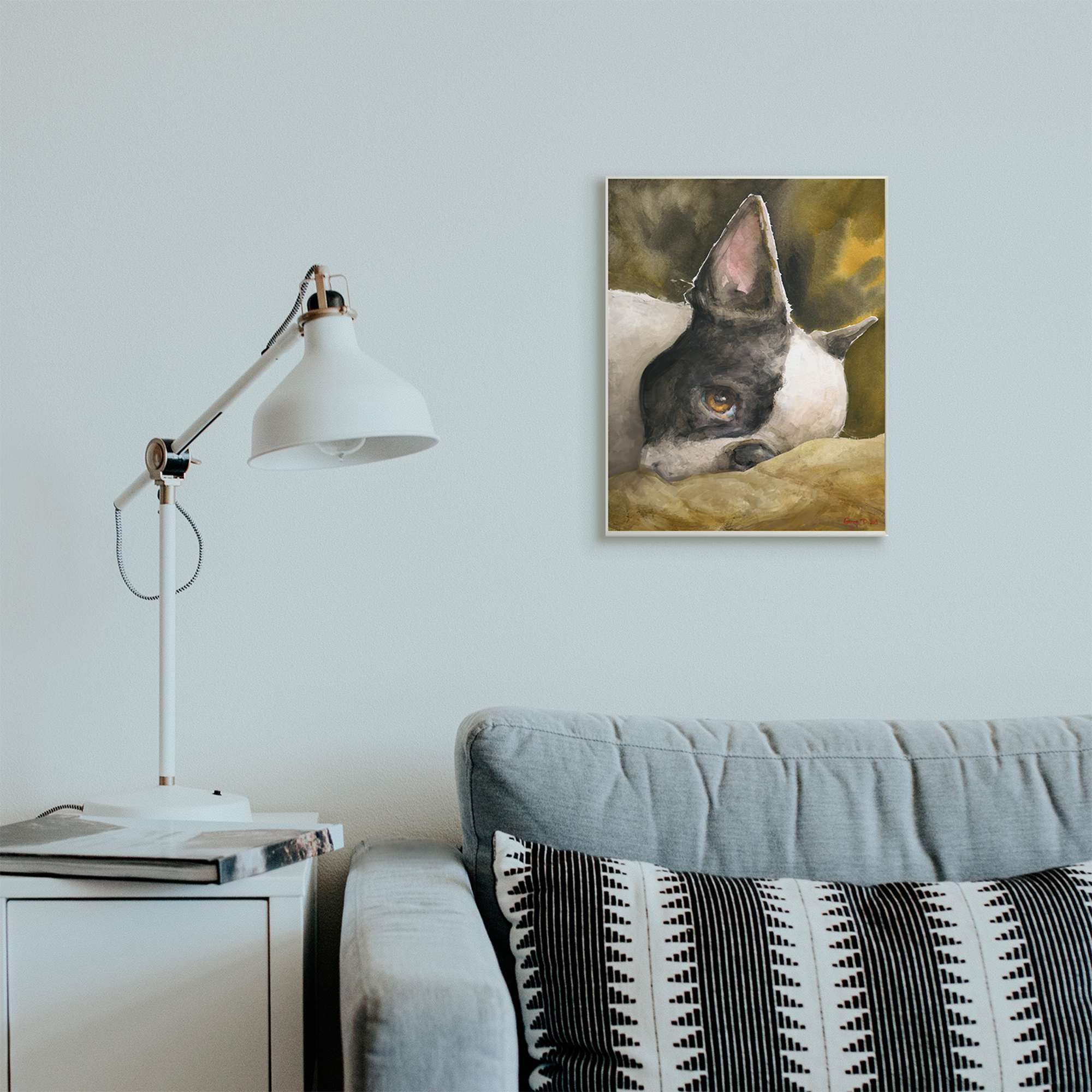 Stupell Industries Boston Terrier Resting Dog Pet Portrait Black Brown Wall Plaque, 13 x 19, Design by George Dyachenko