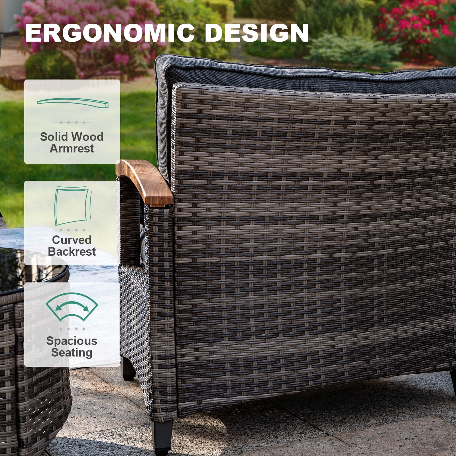 MEISSALIVVE 11 Piece Outdoor Patio Furniture Set, Half-Moon Curved Rattan Conversation Set with Wood Armrests, Coffee Table & 2 Side Table(Gray)