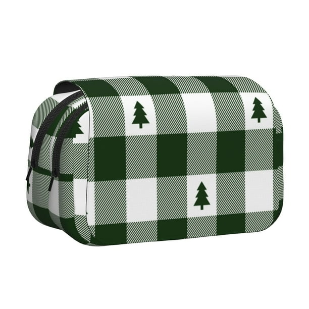 Disketp Green White Lumberjack Plaid Estuche de Lápices de Doble Capa con Tapa Abatible y Cremallera, Organizador Escolar para Adolescentes y Adultos
