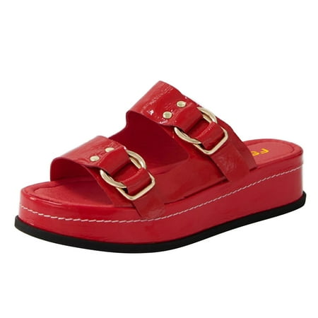 FSJ Women Round Open Toe Slides Sandals Comfortable Outdoor Thick Sole Slip On Platform Sandals Footbed Casual Summer Shoes Size 7.5 Red