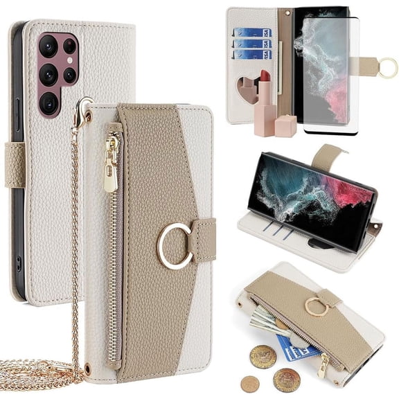Phone Case for Samsung Galaxy S22 Ultra 5G Wallet Cover with Screen Protector and Mirror Flip Cover Ring Credit Card Holder Crossbody Strap Stand Cell S22ultra 22S S 22 S22ultra5g 6.8 White