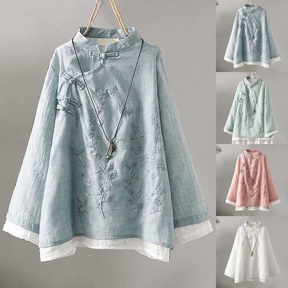 QHWAUAKFBN T Shirts For Women Loose Fit Vintage Embroidered Button Down Linen Shirt Chinese Zen Tea Apparel Loose Fit Contrast Round Neck Tshirts Top