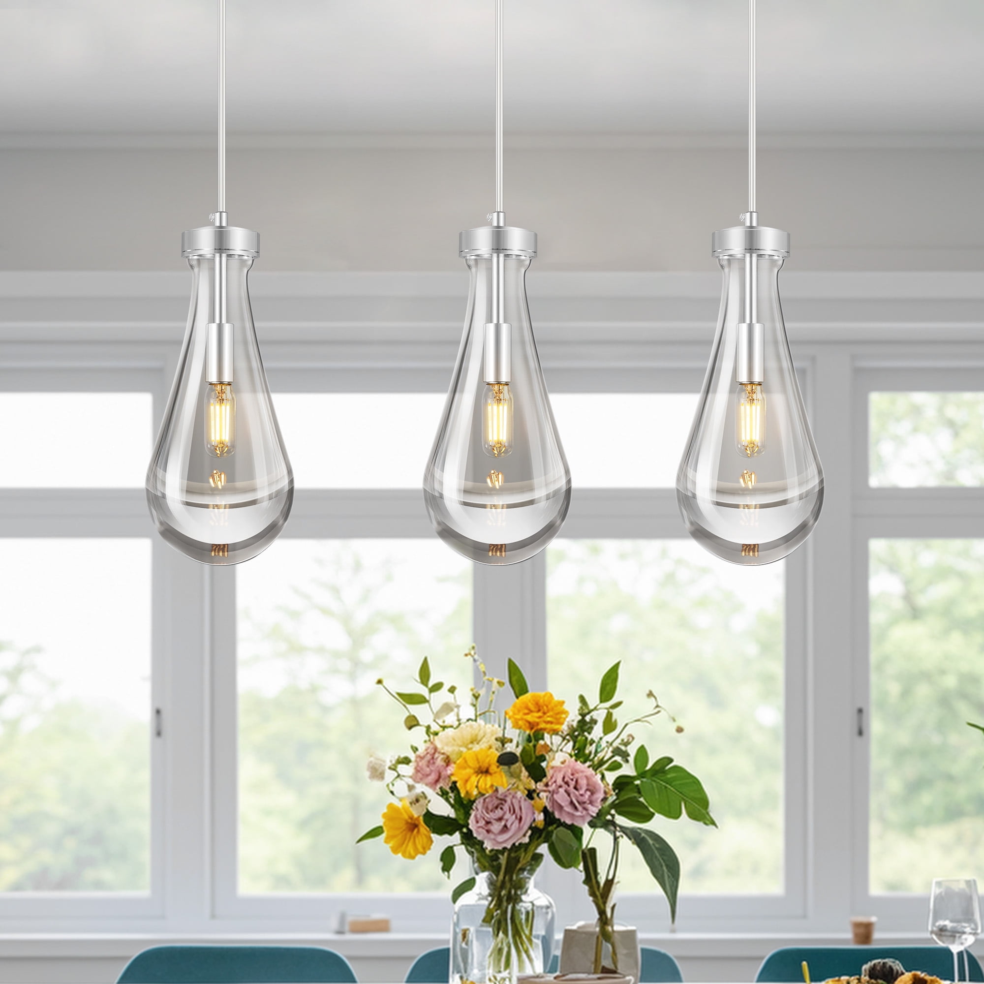 LMQNINE Raindrop Set of 2 Pendant Lights Kitchen Island,Teardrop Chrome Hanging Light Fixtures,Clear Solid Glass,Modern Chandeliers for Dining Room Porch Corridor Living Room