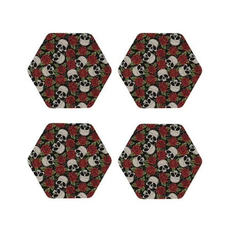 

Leather Coasters Set of 4 - Red rose skull Lightweight Non-Slip Drink Coasters for Desk Anti-Scalding Desk Cup Coasters for Office Table Decor Hexagon