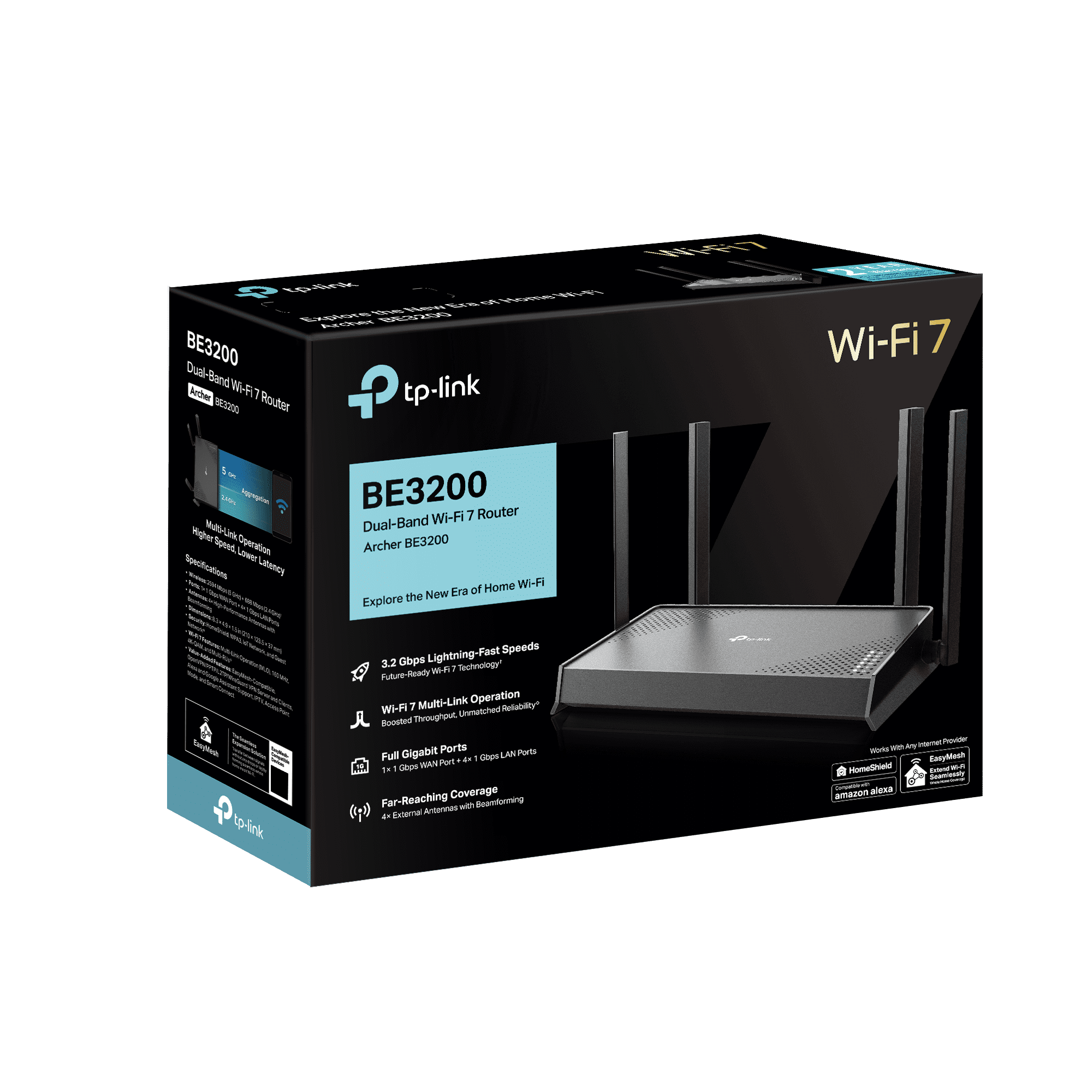TP-Link Dual-band BE3200 Wi-Fi 7 Router with dual Gigabit Ports, 4x External Antennas, Parental Controls, and Homeshield.
