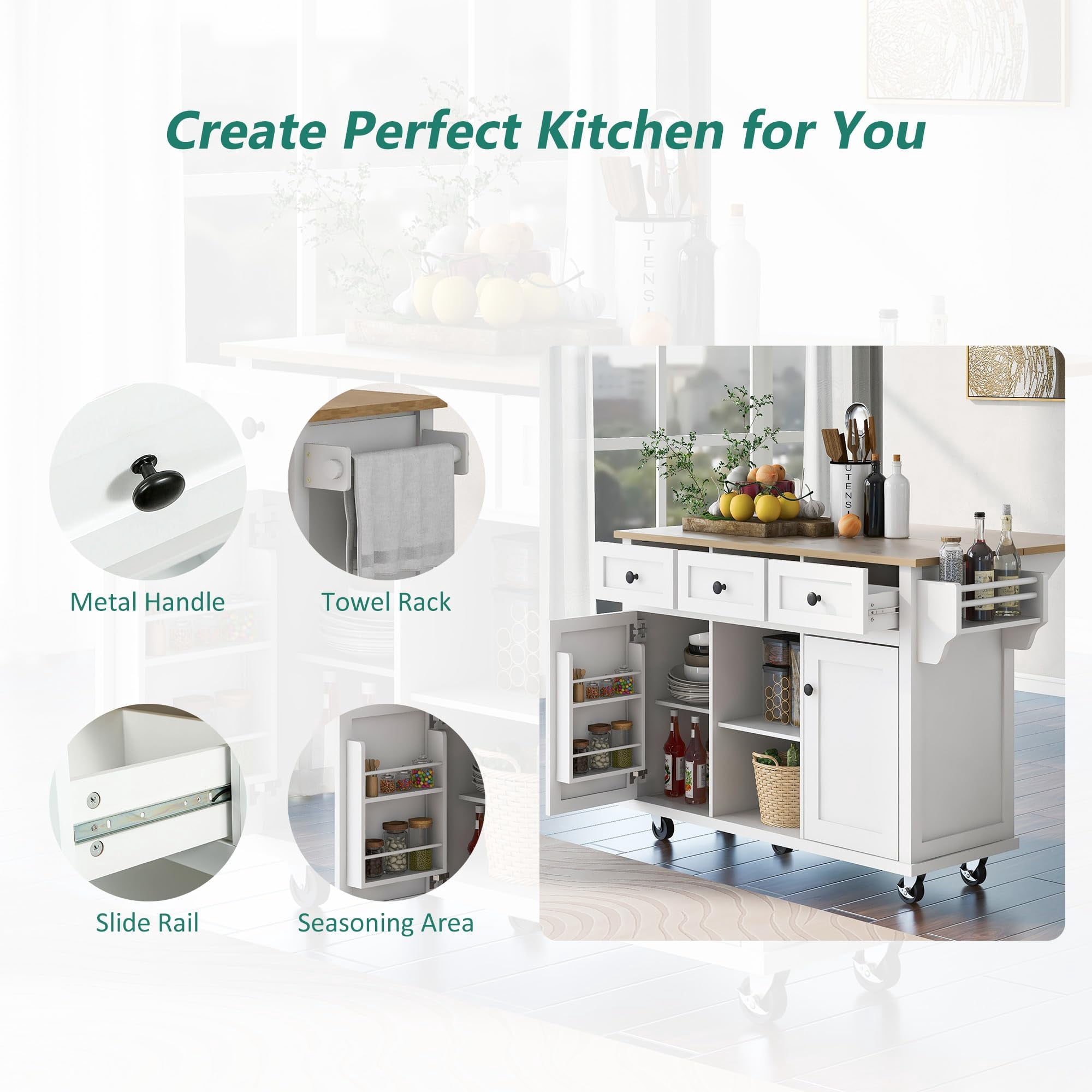 JESTOP Rolling Kitchen Island with 3 Drawers and 2 Cabinets, Kitchen Cart on Wheels with Drop Leaf, Wood Portable Trolley Island with Cabinet Door Storage Racks, for Dinning Room
