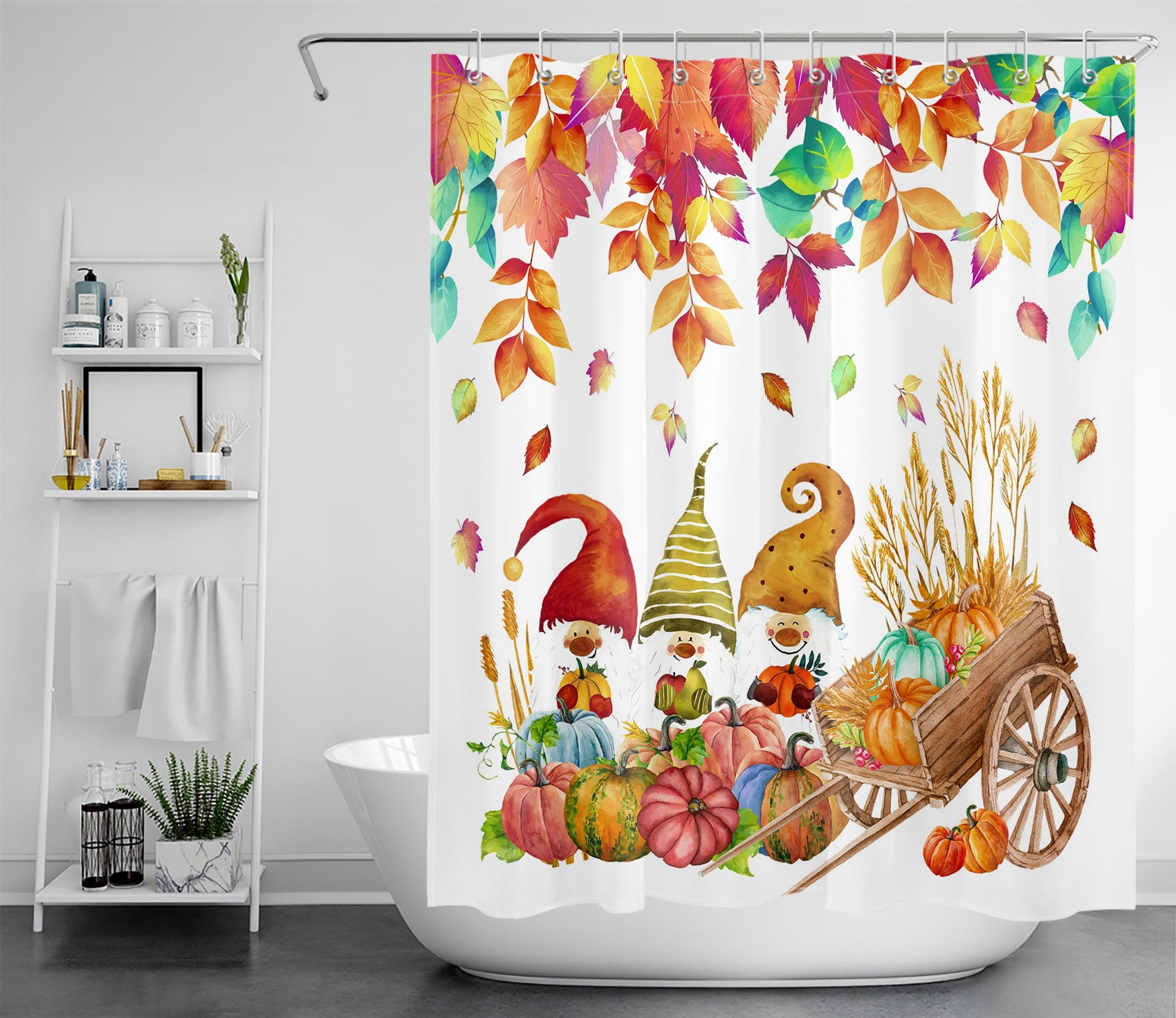 HVEST Fall Season Shower Curtain, Thanksgiving Harvest Watercolor Pumpkin and Wheat Under Autumn Leaves Funny Gnome Shower Curtains, Waterproof Fabric Colorful Bathroom Decor with Hooks, 60x72 Inch