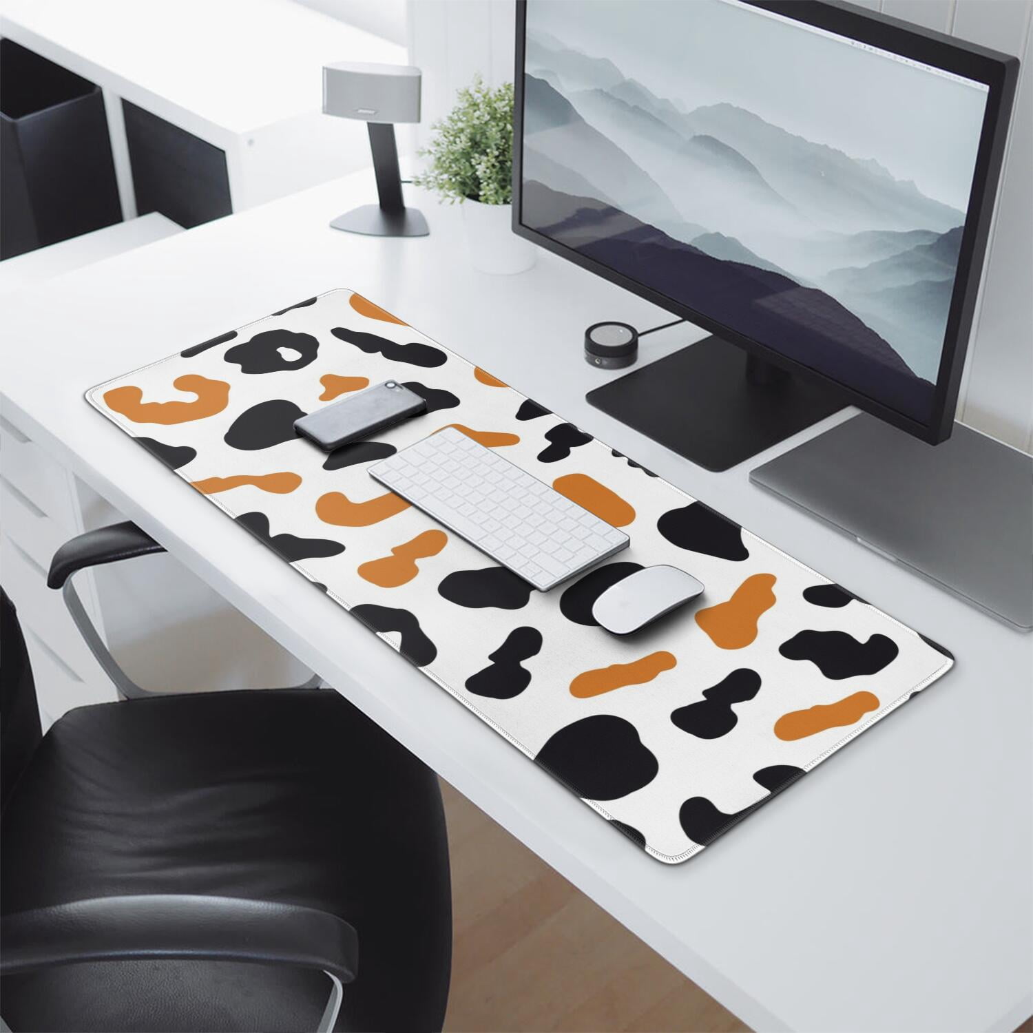 Long Mouse Pads for Desk,White and Orange Of Leopard Print Desk Mats on Top Of Desks, Desk Mouse Pad Extra Large with 3mm Non-Slip Base and Stitched Edge for Gaming,Office,Work,Home 31.5"x11.8"