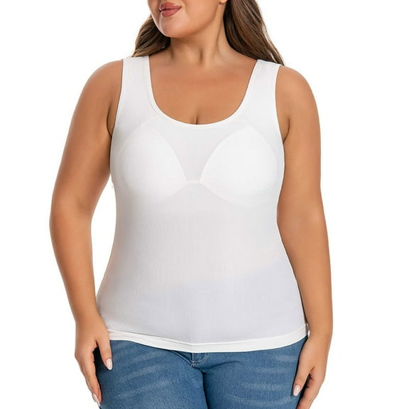 Plus Size Women's Built In Bra Camisole Top Breathable Comfortable Stretchy Basic Tank Vest for Everyday Wear