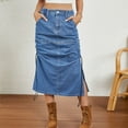 thumbnail image 2 of BLVB Jean Skirts for Women Elastic High Waisted Drawstring Side Slit Distressed Denim Long Skirt with Pockets, 2 of 6