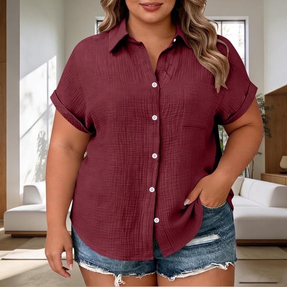 Hueook Button Down Shirts For Women Oversized Tshirts Women's Plus Size Short Sleeve Button Down Shirt with Notch Collar and Patch Pockets Wine 3X
