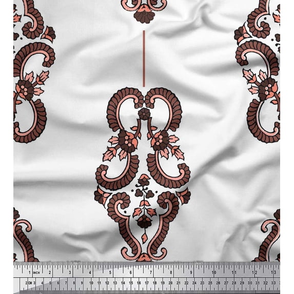 Soimoi Brown Cotton Voile Fabric Stripe,Leaves & Floral Block Decor Fabric Printed Yard 56 Inch Wide