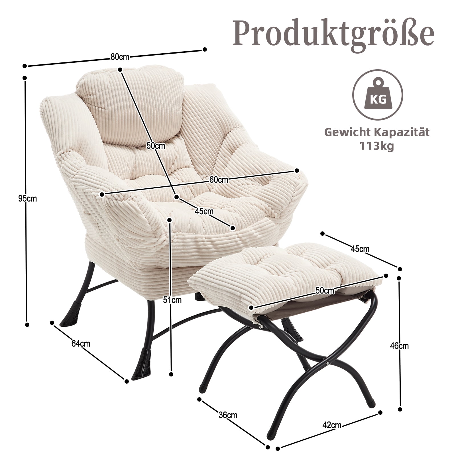 MOONMISS Accent Chair with Ottoman,with Armrests and Side Pockets、 Footrest for Living Room,White