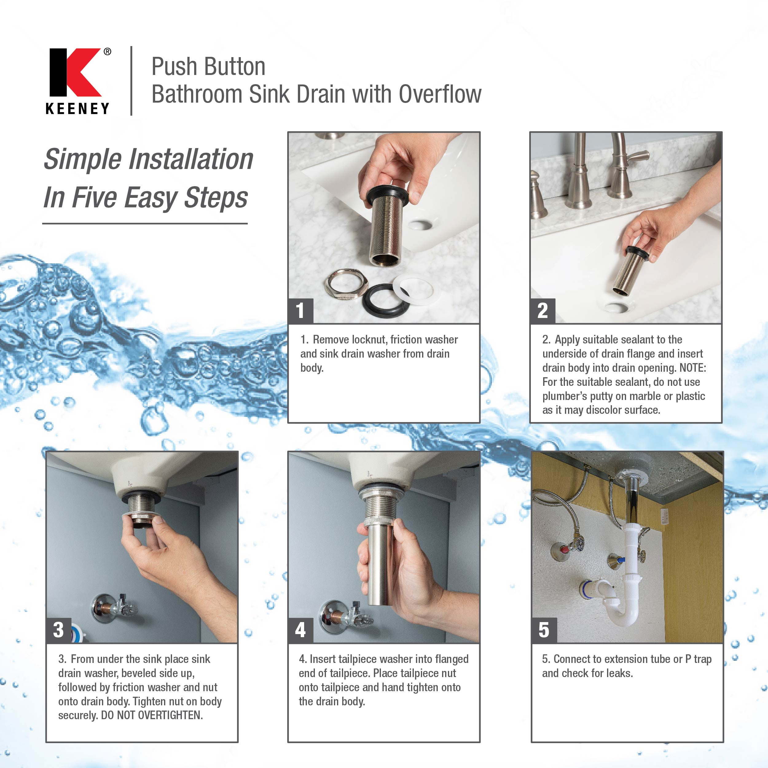 Keeney Push Button Bathroom Sink Drain With Overflow, Chrome