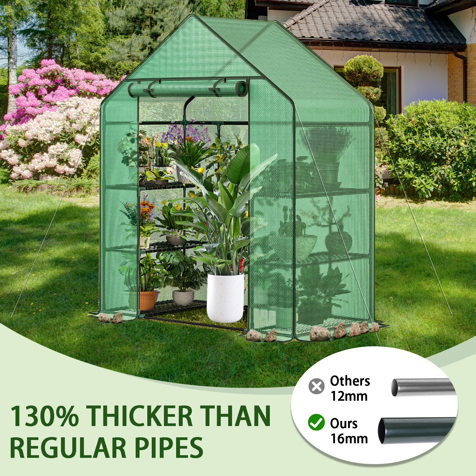 Grezone Small Greenhouse with Anchors and Ropes, 3 Tier 4 Wired Shelves Indoor and Outdoor Greenhouse for Garden/Patio/Backyard/Balcony, Green PE Cover Easy to Assemble