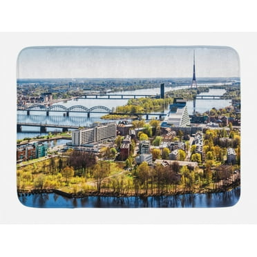 European Bath Mat, Aerial View of Riga City European Cultural Urban Print Horizon with Old Tower, Non-Slip Plush Mat Bathroom Kitchen Laundry Room Decor, 29.5 X 17.5 Inches, Multicolor, Ambesonne
