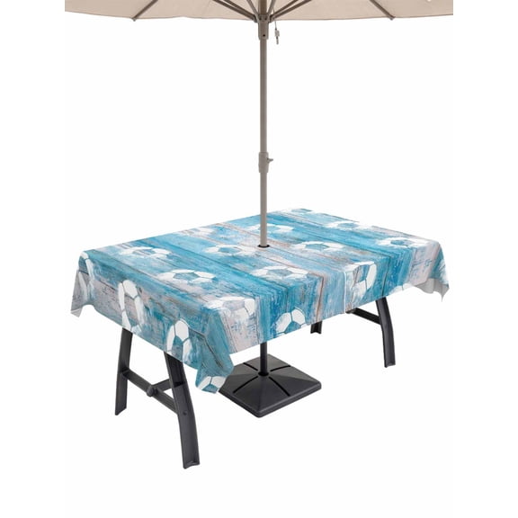 Outdoor Tablecloth with Umbrella Hole for Patio/Picnic/Party/Camping, Blue Football Waterproof Table Cloth Rectangle Table Cover Washable, Soccer Vintage Wooden Watercolor (60"x 120")