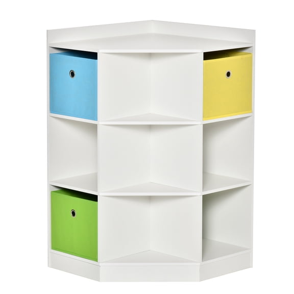 Corner Cabinet, Cubby Toy Storage Organizer, Bookshelf Unit with Three Baskets for Playroom, Bedroom, Living Room, White