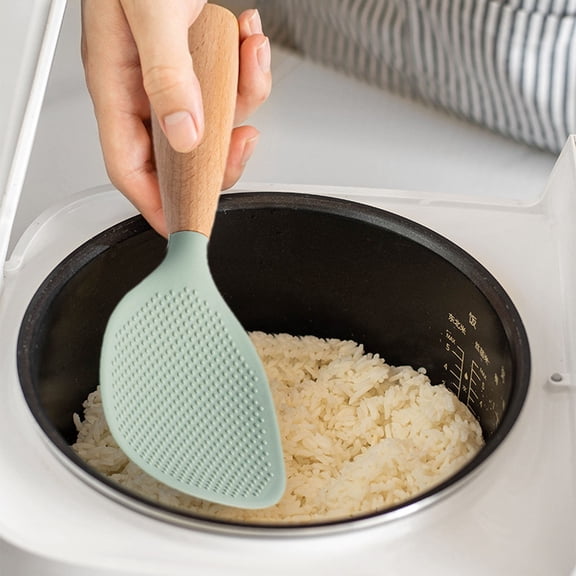 WDOEID Stand-Up Silicone Rice Spoon with Heat-Resistant Wooden Handle - Green, Stylish and Functional Spoon for Serving Rice, Ideal for Everyday Cooking and Dining!,Hot Sale!