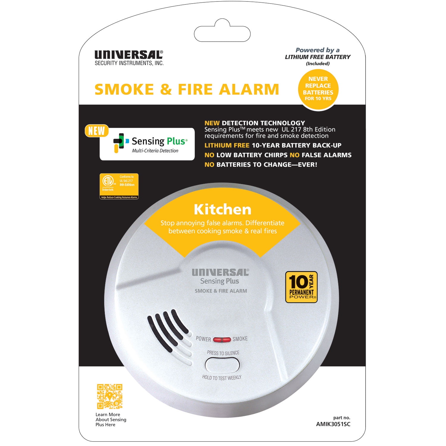 (4 pack) Universal Security Instruments, Sensing Plus, Kitchen Smoke & Fire Alarm, with 10-Year Alarm.
