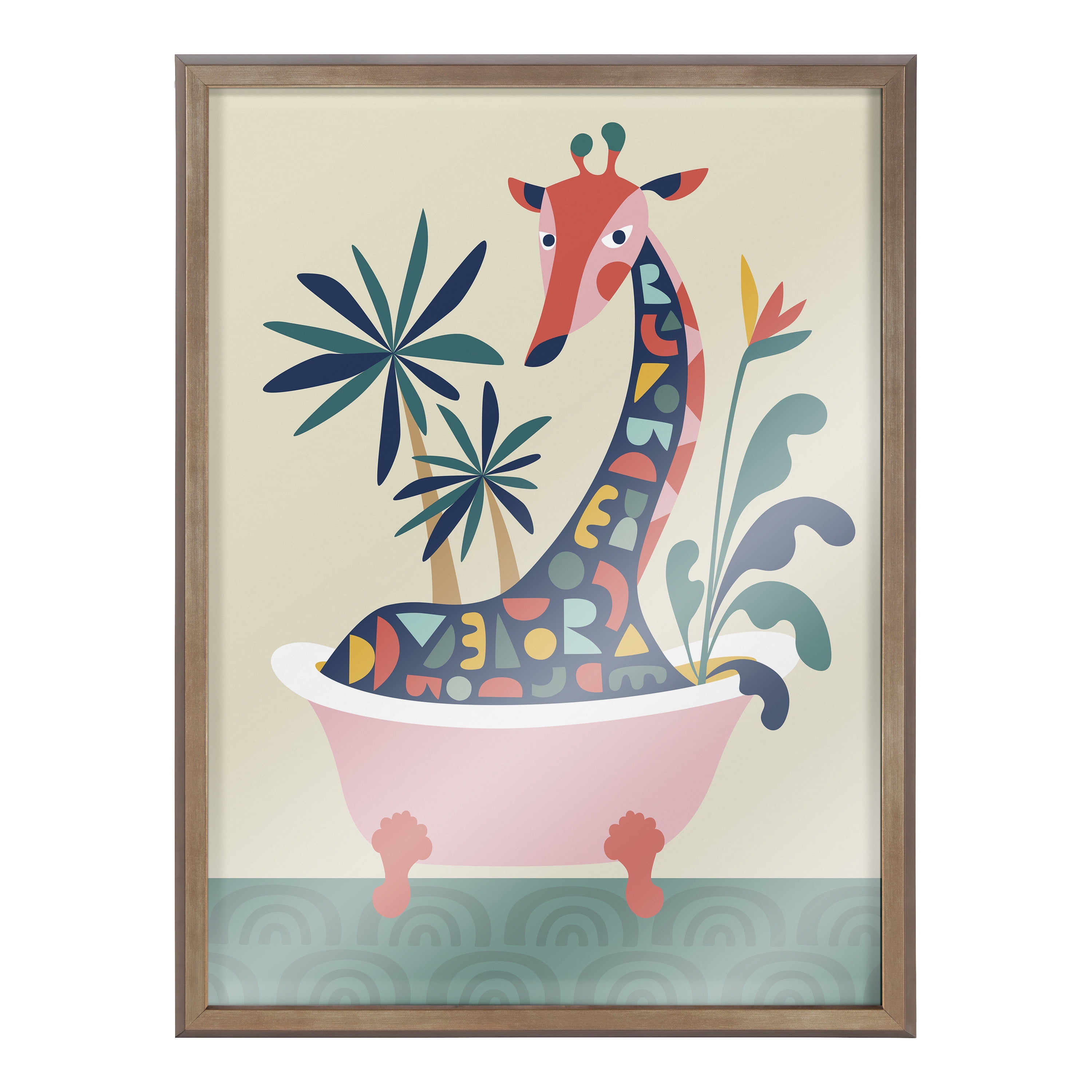 Kate and Laurel Blake Mid Century Modern Giraffe in Bathtub Framed Printed Glass Wall Art by Rachel Lee of My Dream Wall, 18x24 Gold, Decorative Colorful Animal Art for Wall