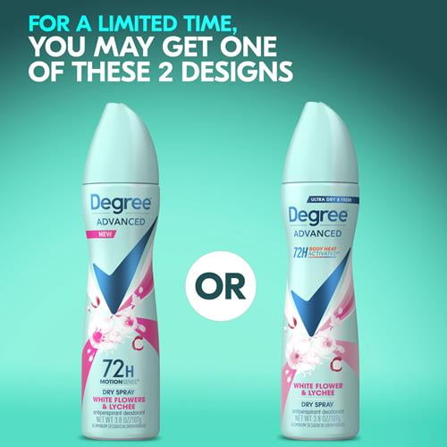 Degree Antiperspirant Deodorant Dry Spray White Flowers & Lychee 72-Hour Sweat & Odor Protection Deodorant Spray For Women With Body Heat Activated Technology 3.8 Oz Packaging May Vary - Pack of 2
