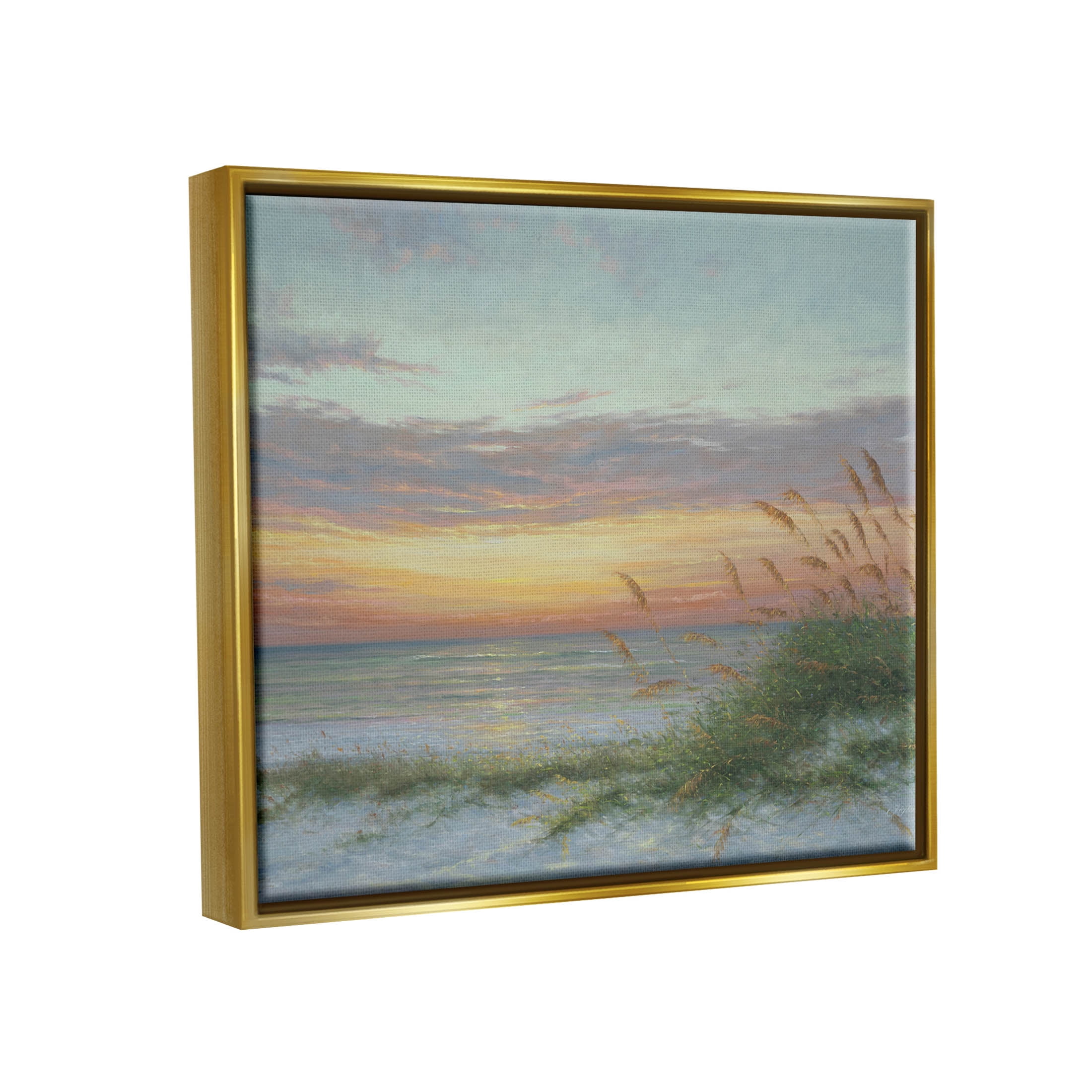 Coastal Beach Summer Sunset Landscape Painting Metallic Gold Framed Art Print Wall Art