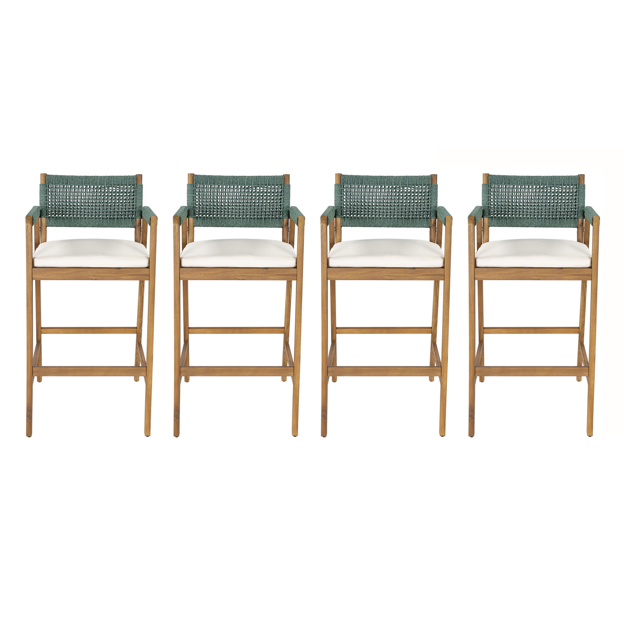 Christopher Knight Home Outdoor Counter Height Bar Stools with Rope Back and Cushions, Green, Set of 4