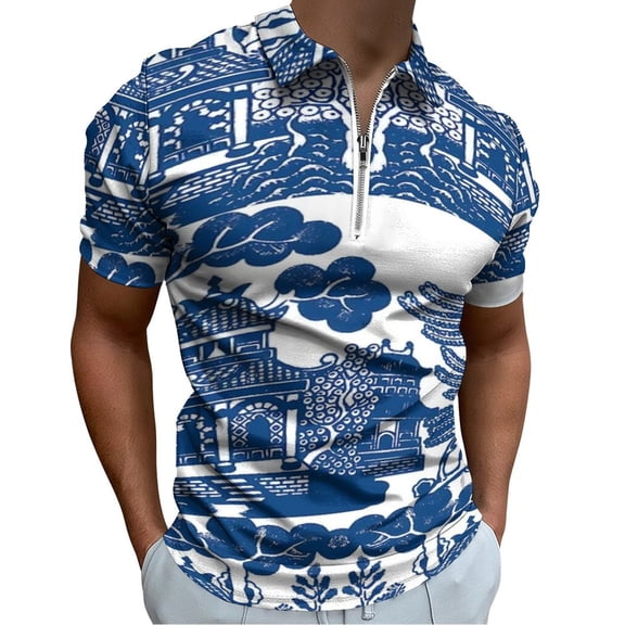 Blue Willow Chinoiserie Blue And White Porcelain Inspiration Men Zipper T-shirt Summer Casual Short Sleeve T-shirt Top