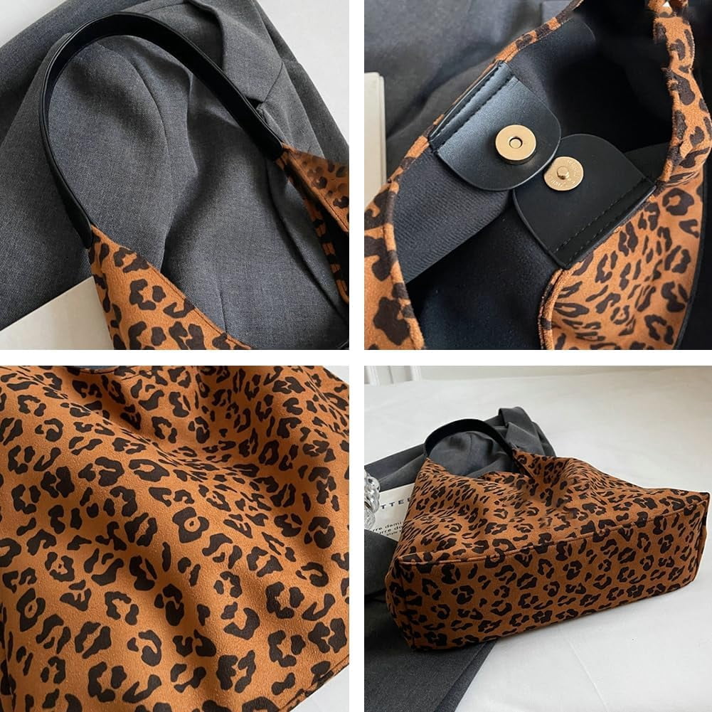 Zhengup Vintage Suede Tote Bag for Women Large Soft Shoulder Purse Leopard Print Handbag Casual Work Top Handle Satchel 2pcs