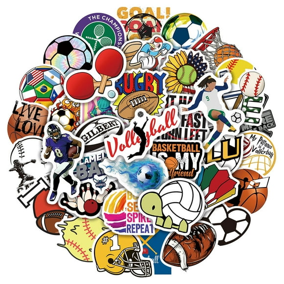 Jinsinto Sports Stickers for Water Bottles, 50PCS Vinyl Waterproof Mixed Softball, Baseball, Soccer, Basketball, Football, Volleyball Stickers for Laptop Bumper Skateboard Computer Phon