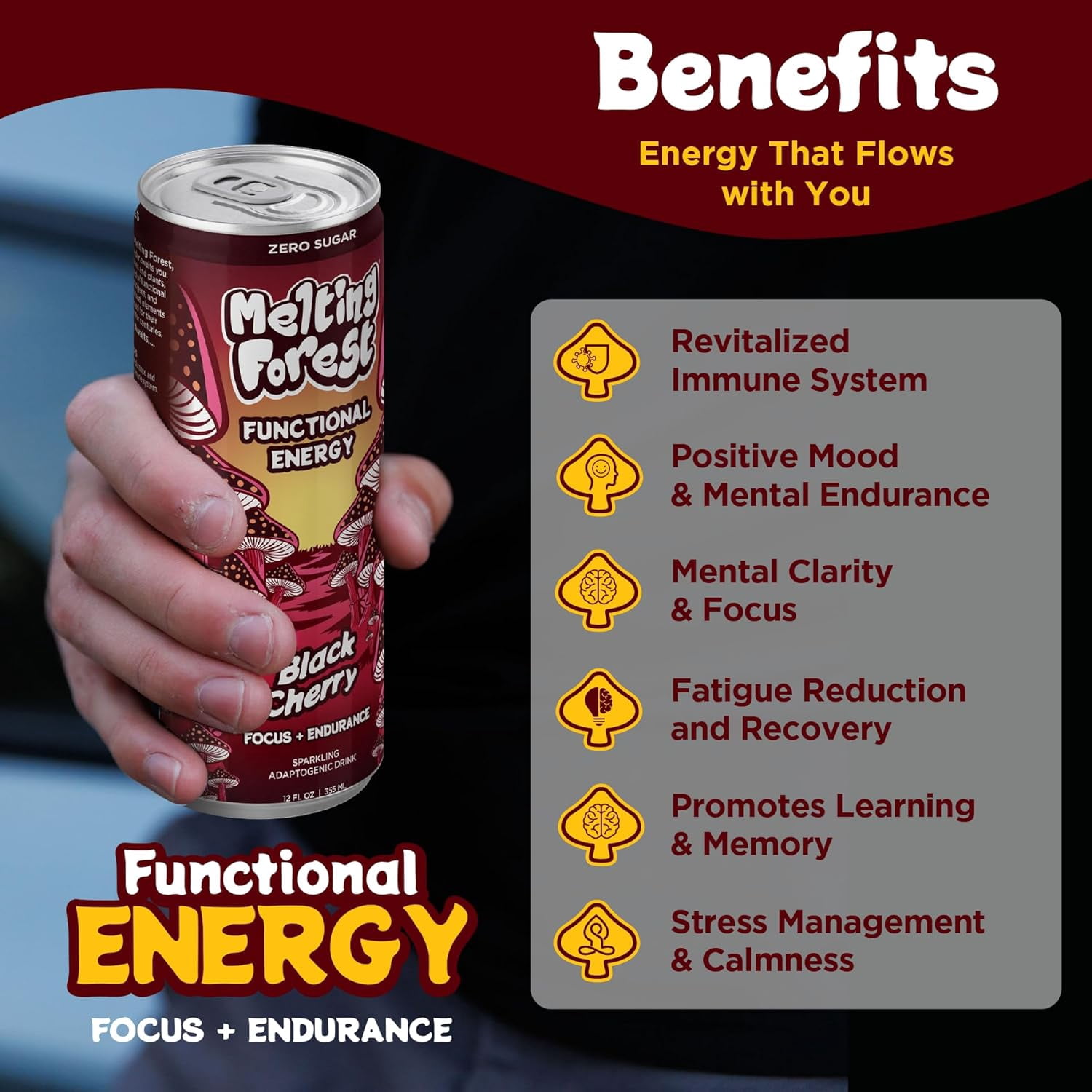 Melting Forest Mushroom Energy Drink, Black Cherry, Flavored Sparkling Water, Mushroom-Infused Seltzer, 5 Calories Zero Sugar — 12 Pack