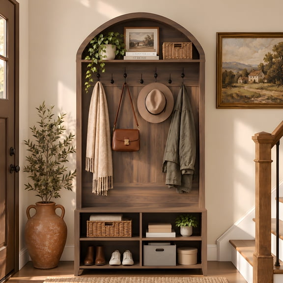 Joywind Arched Hall Tree with Bench and Shoe Storage, Walnut, 40" W