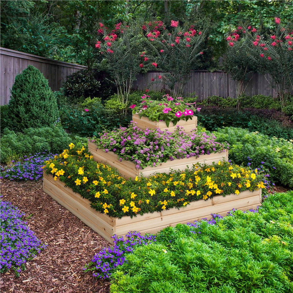 Renwick 3-Tier Fir Wood Raised Garden Bed Elevated Flowers Herbs, Wood
