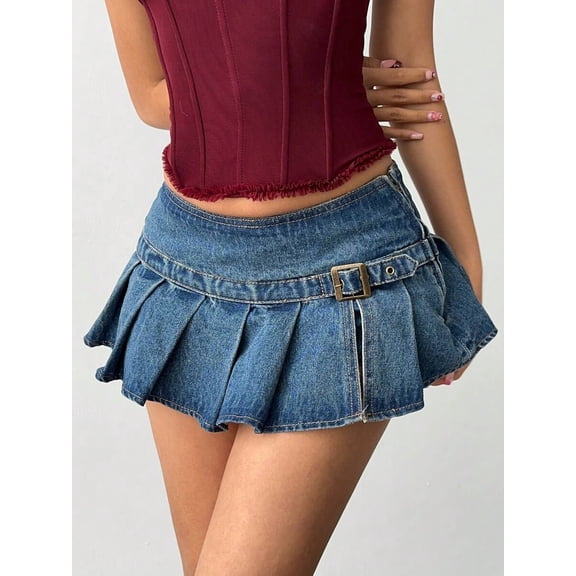 Womens Blue Denim Pleated Mini Skirt With Belted Waist And Frayed Hem