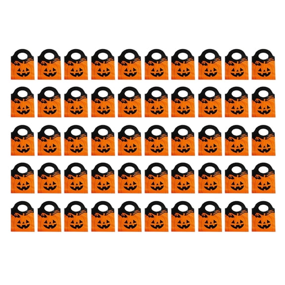 50PC Halloween Bags with Handles Pumpkin Gift Bags, Mini Party Favor Bags for Candy Snacks, Halloween Party Supplies Favors Display,6.3x7.8 Inch