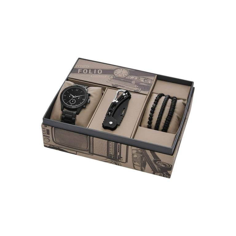 Folio Men's Watch Gift Set; Matte Black Bracelet Watch, Gunmetal