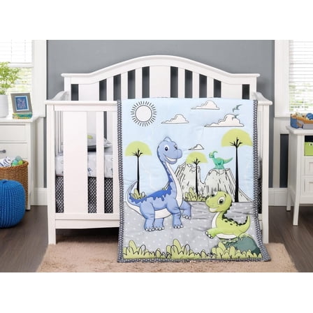 Green Dino 3 Piece Crib Bedding Set for Baby Boys, Nursery Set