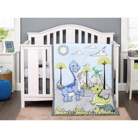 Green Dino 3 Piece Crib Bedding Set for Baby Boys, Nursery Set